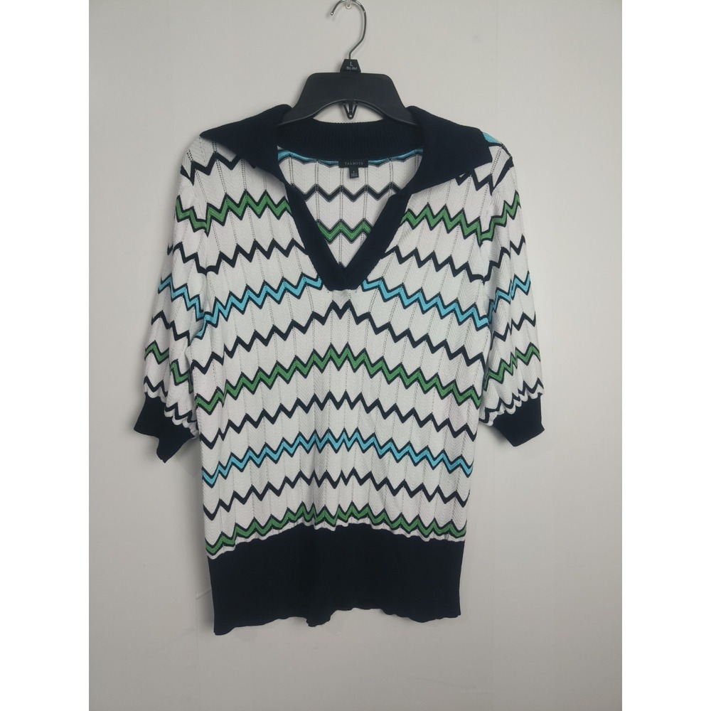 Talbots Womens Small Navy Blue White Chevron Zigzag Knit V-Neck Polo Top S